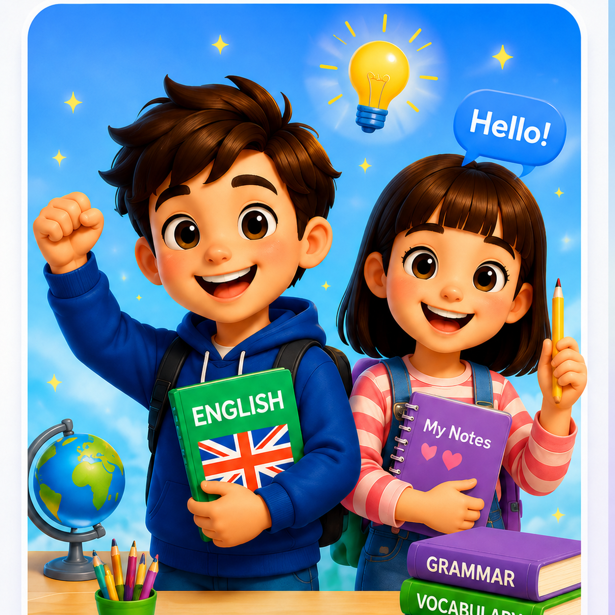 เด็กสองคนกำลังสนุกกับการเรียนภาษาอังกฤษ